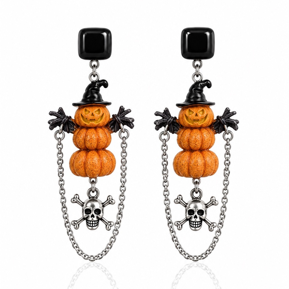 Halloween Pumpkin Stack Dangle Earrings with Skull Charm - Orange & Black